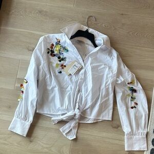 Elie Tahari White Button Down Shirt with Colorful Floral Embroidery